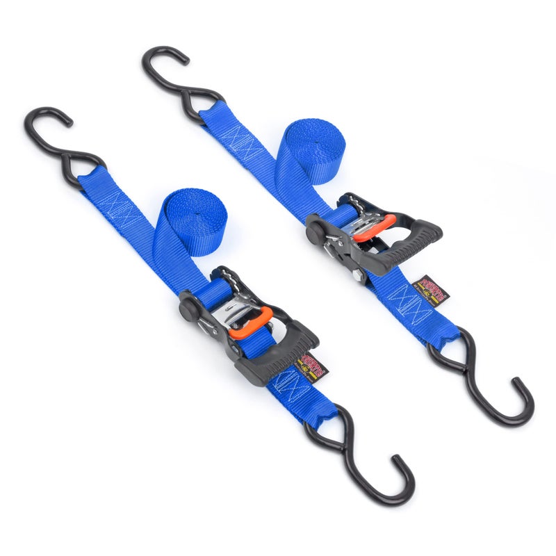 PowerTye 1.5in x 7ft Ergonomic Locking Ratchet Straps with Heavy-Duty S-Hooks - Made in USA - 1,000 lb. Working Load Limit / 3,000 lb. Breaking Strength - Blue (Pair) - Image 1